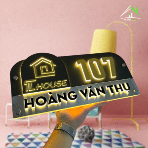 Bảng, Biển Số Nhà – Đèn LED – Nền Ghi Sần Kết Hợp Inox – Số Nổi Inox Gương Vàng – Thiết Kế Sang Trọng