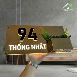 Bảng số nhà led trồng cây mica đen – Inox304 hồng gold nổi bật