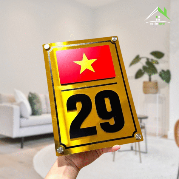 Biển Số Nhà Dọc Cờ VN Nổi 3D Alu Vàng | An Tâm Decor - 25 x 17cm