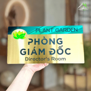 BIỂN TÊN, SỐ PHÒNG, Nền Inox 304 Vàng xước + Gương xanh lá – Nội dung âm bản + In UV. BSP-AT9