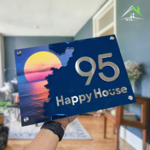 Biển Số Nhà Decor Ấn Tượng Có Đèn LED – Inox 304 Gương Xanh, Số Nổi 10mm Inox Xước Bạc.