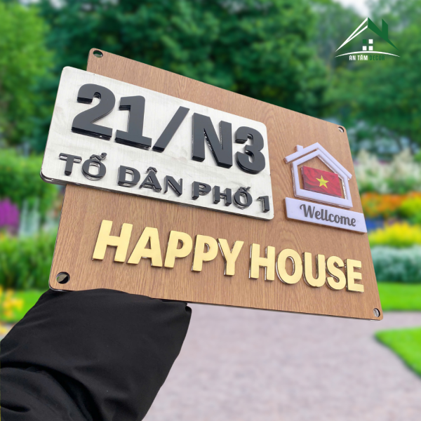 Biển Số Nhà HAPPY HOUSE Rustic Vân Gỗ INOX Vàng | An Tâm