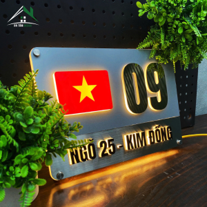 Biển Số Nhà Alu Nền Ghi – Chữ Inox Xước Vàng 3D – Cờ Việt Nam In Nổi – Thiết Kế Hiện Đại